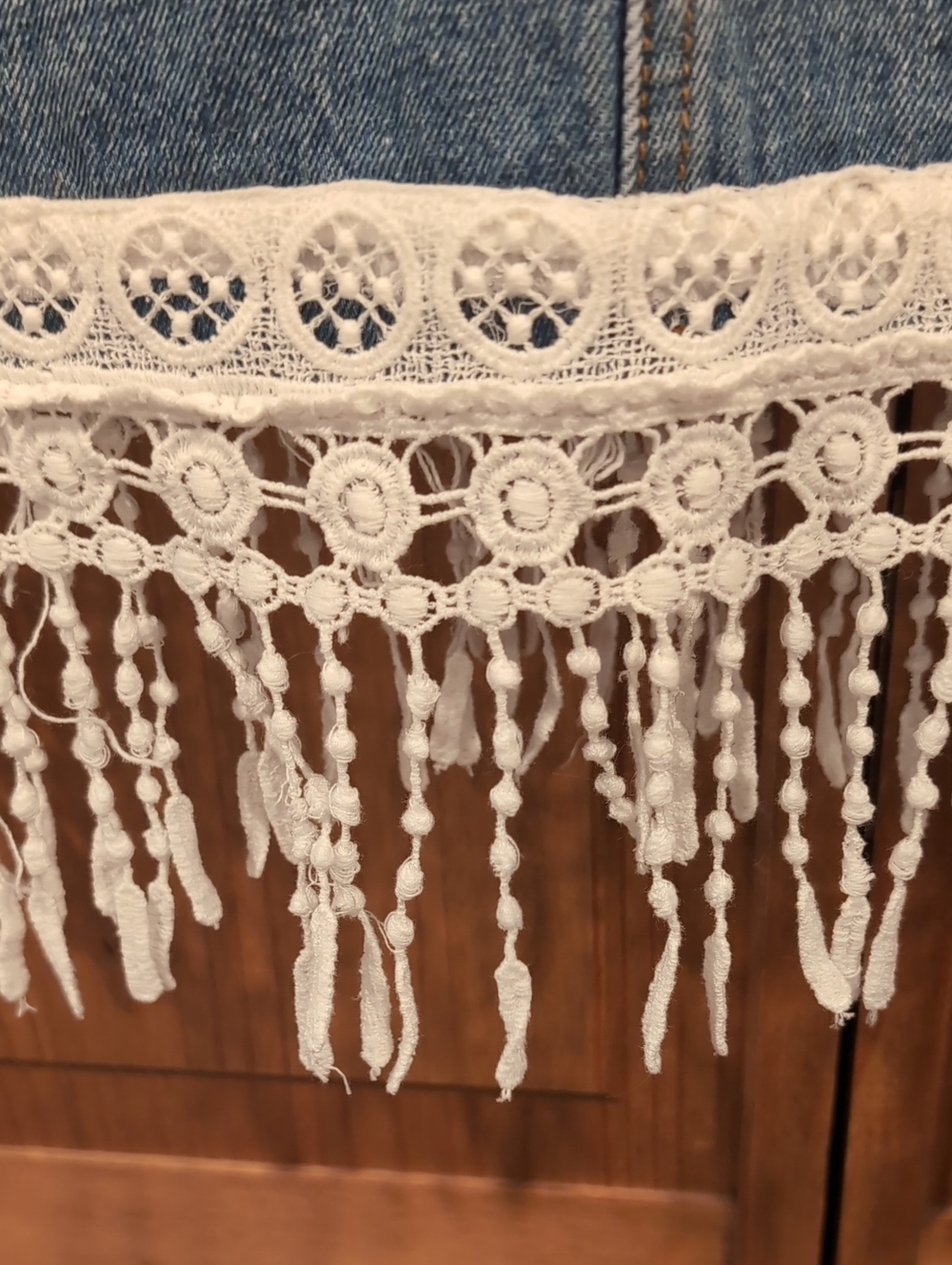 Denim Crochet Fringe Overall Dress - Blue & Cream - Picture 2 of 8